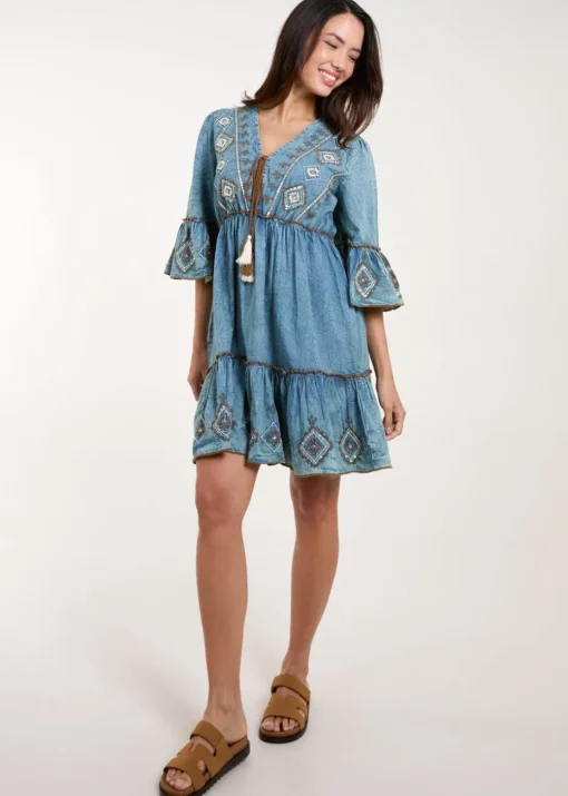 Blue Vanilla Blue Embroidered Denim Dress