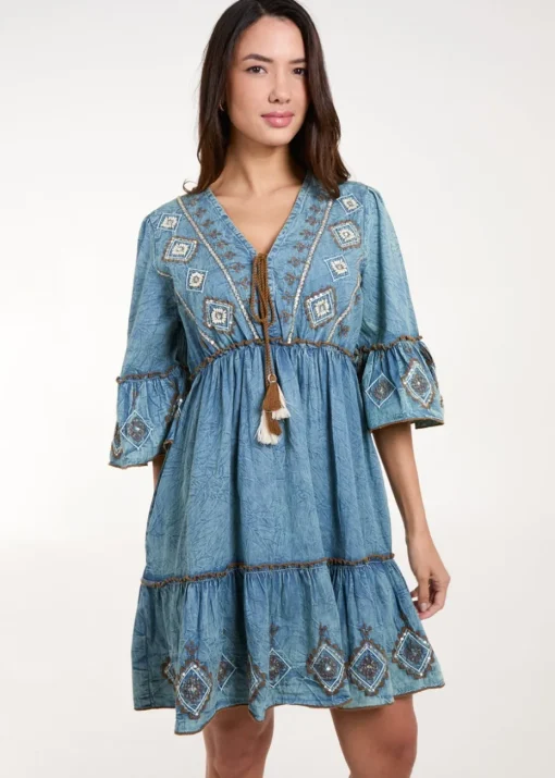 Blue Vanilla Blue Embroidered Denim Dress