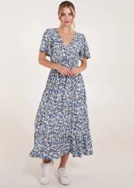 Blue Vanilla Blue Floral Wrap Front Maxi Dress