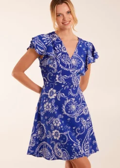 Blue Vanilla Blue Frill Sleeve Wrap Belted Mini Dress