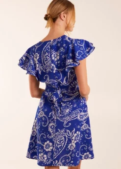 Blue Vanilla Blue Frill Sleeve Wrap Belted Mini Dress
