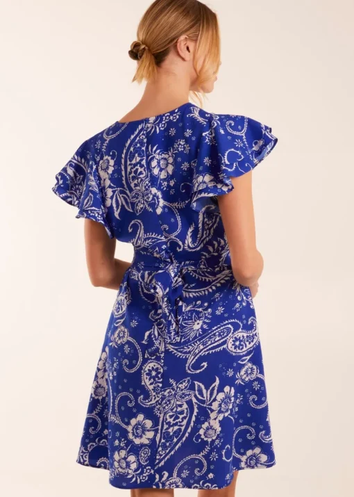 Blue Vanilla Blue Frill Sleeve Wrap Belted Mini Dress
