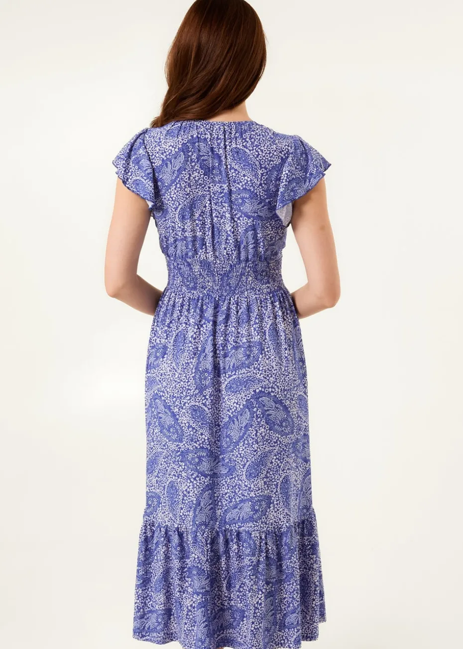 Blue Vanilla Blue Frill Sleeve V Neck Button Front Midi Dress