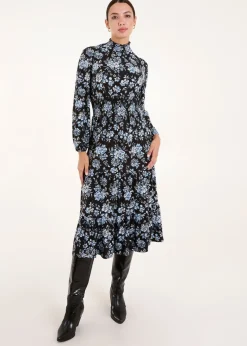 Blue Vanilla Blue High Neck Shirred Floral Midi Dress