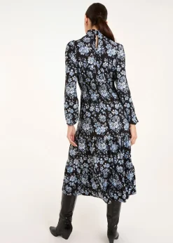 Blue Vanilla Blue High Neck Shirred Floral Midi Dress
