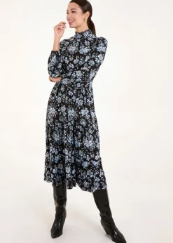 Blue Vanilla Blue High Neck Shirred Floral Midi Dress