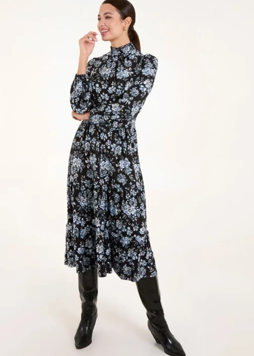 Blue Vanilla Blue High Neck Shirred Floral Midi Dress