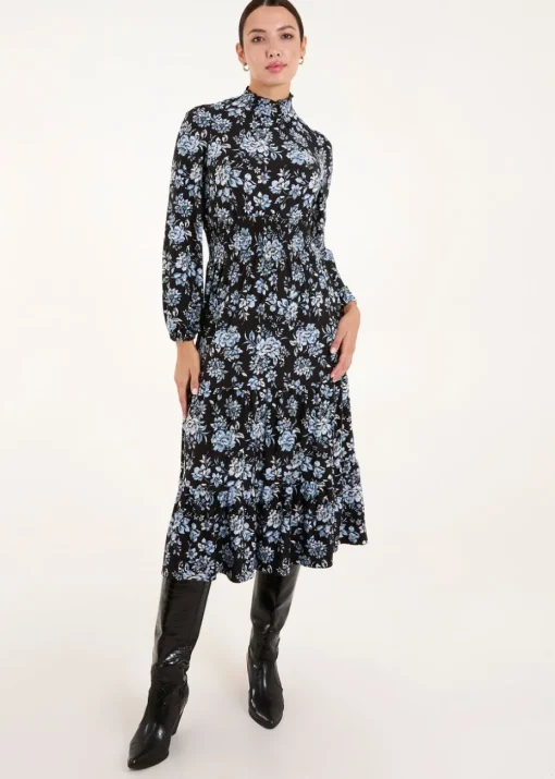 Blue Vanilla Blue High Neck Shirred Floral Midi Dress