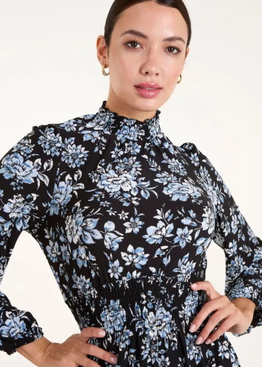 Blue Vanilla Blue High Neck Shirred Floral Midi Dress
