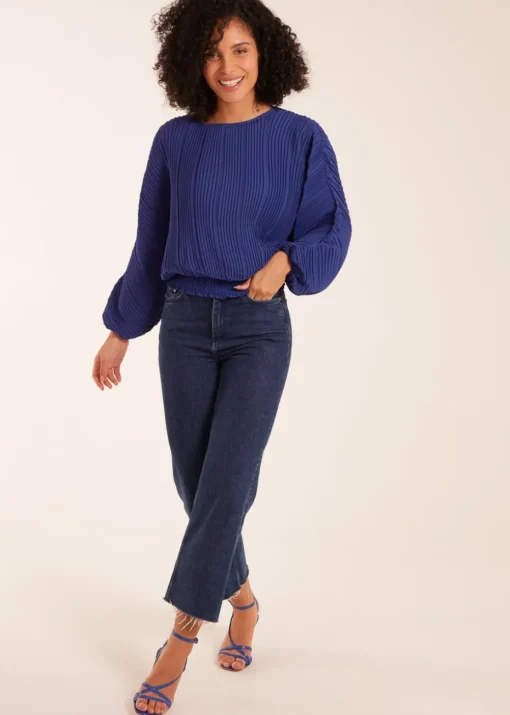 Blue Vanilla Blue Long Sleeve Pleated Top