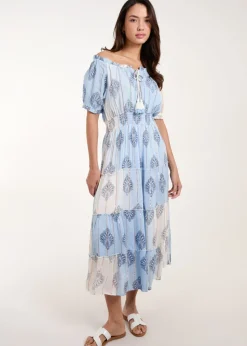 Blue Vanilla Blue Printed Bardot Tassel Midi Dress