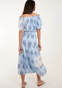 Blue Vanilla Blue Printed Bardot Tassel Midi Dress