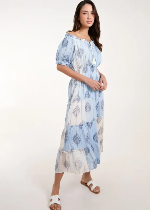 Blue Vanilla Blue Printed Bardot Tassel Midi Dress