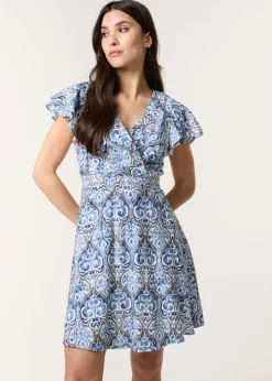 Blue Vanilla Blue Printed Frill Sleeve Wrap Front Belted Waist Dress
