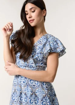 Blue Vanilla Blue Printed Frill Sleeve Wrap Front Belted Waist Dress