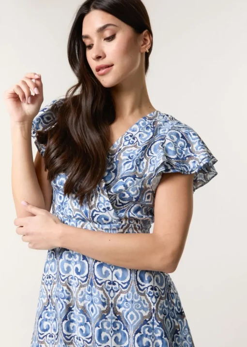 Blue Vanilla Blue Printed Frill Sleeve Wrap Front Belted Waist Dress