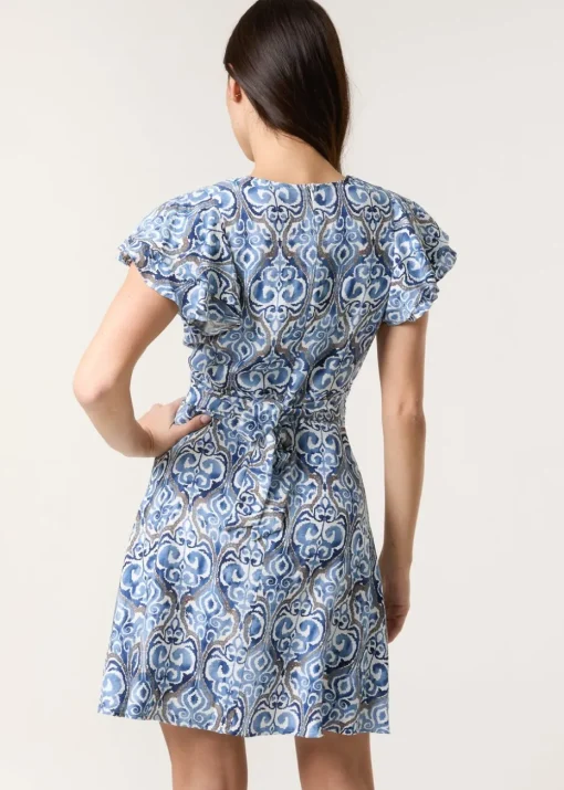 Blue Vanilla Blue Printed Frill Sleeve Wrap Front Belted Waist Dress