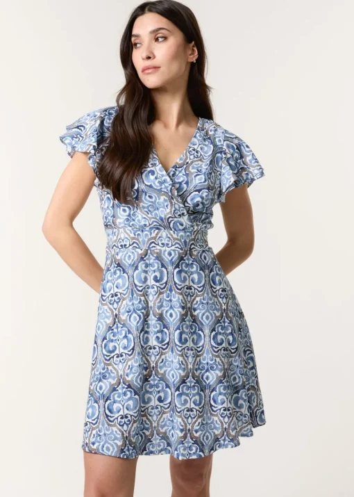 Blue Vanilla Blue Printed Frill Sleeve Wrap Front Belted Waist Dress