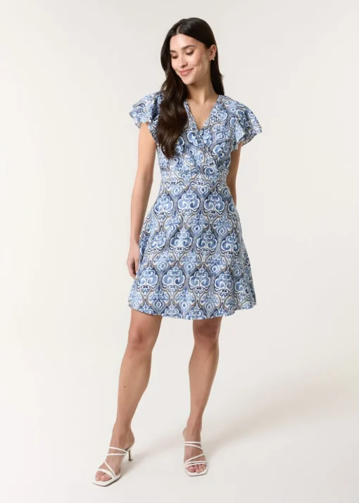 Blue Vanilla Blue Printed Frill Sleeve Wrap Front Belted Waist Dress