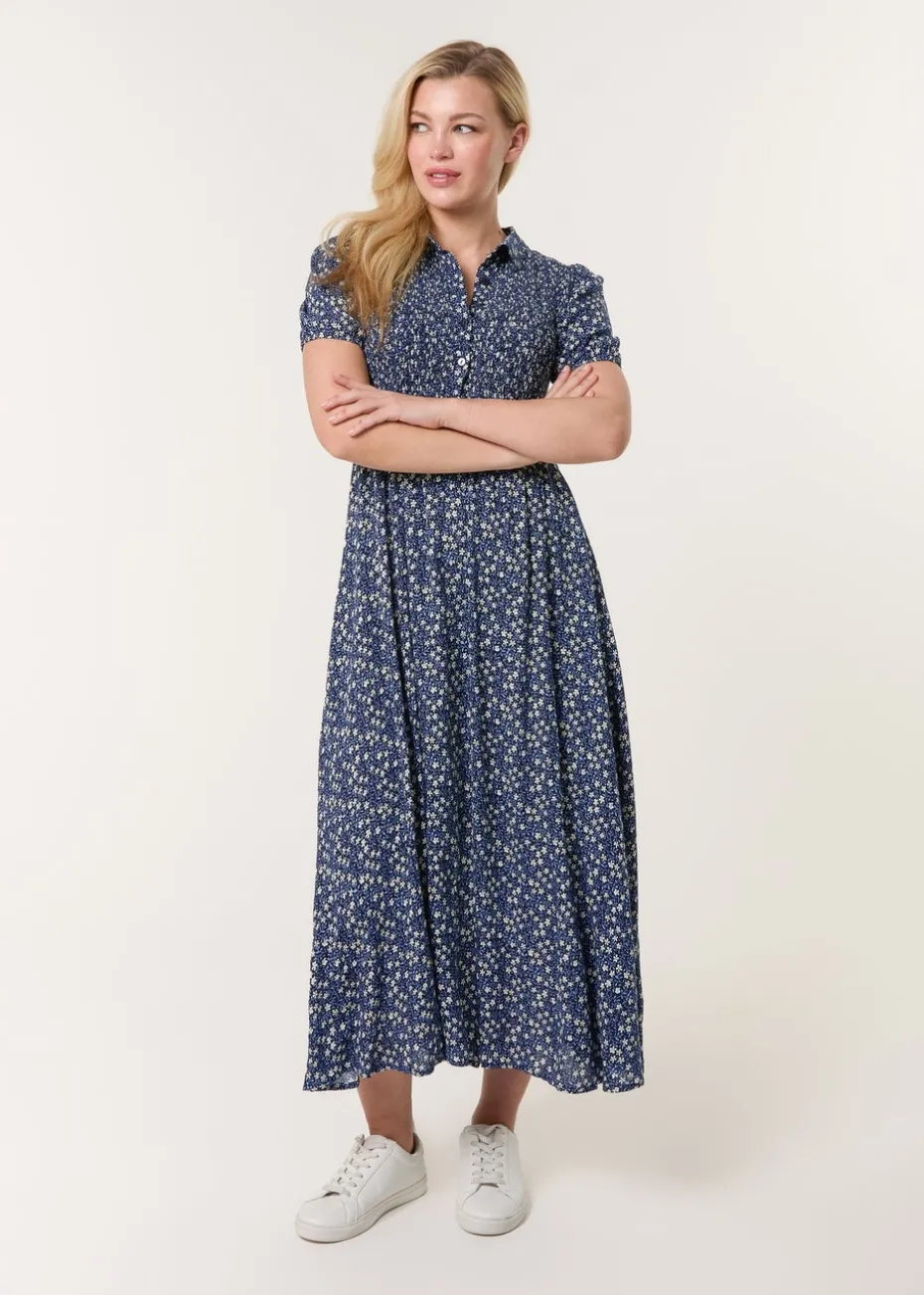 Blue Vanilla Blue Puff Sleeve Shirred Midi Shirt Dress