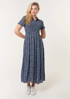 Blue Vanilla Blue Puff Sleeve Shirred Midi Shirt Dress