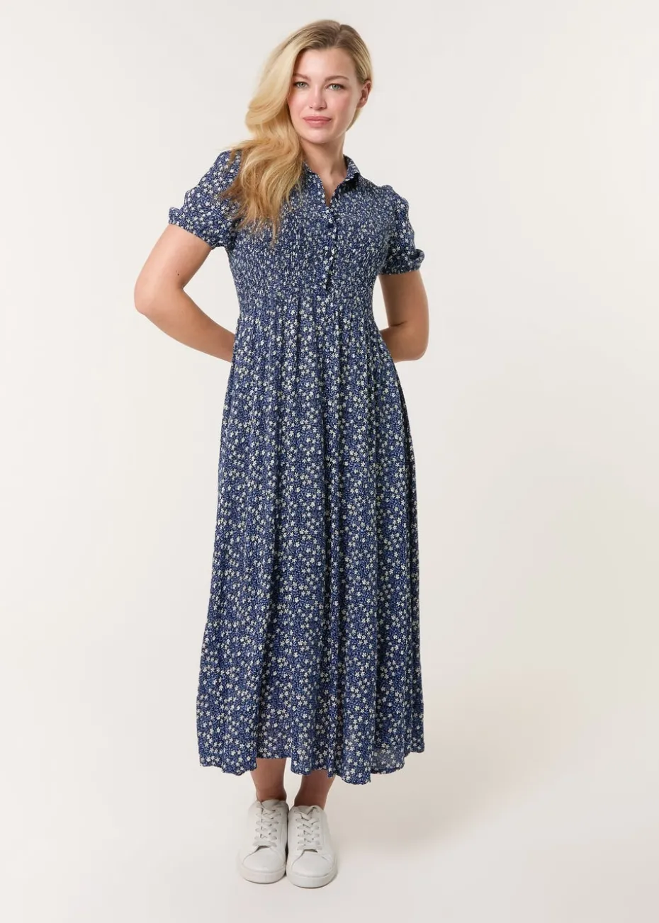 Blue Vanilla Blue Puff Sleeve Shirred Midi Shirt Dress