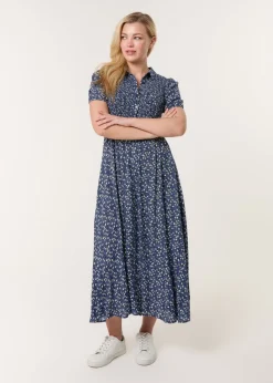 Blue Vanilla Blue Puff Sleeve Shirred Midi Shirt Dress