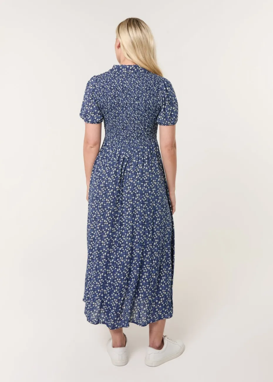 Blue Vanilla Blue Puff Sleeve Shirred Midi Shirt Dress