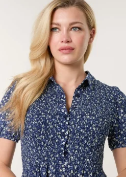 Blue Vanilla Blue Puff Sleeve Shirred Midi Shirt Dress