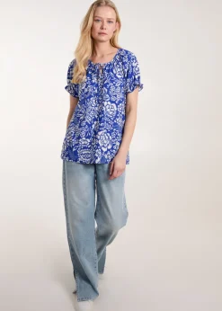 Blue Vanilla Blue Shirred Sleeve Tie Front Top