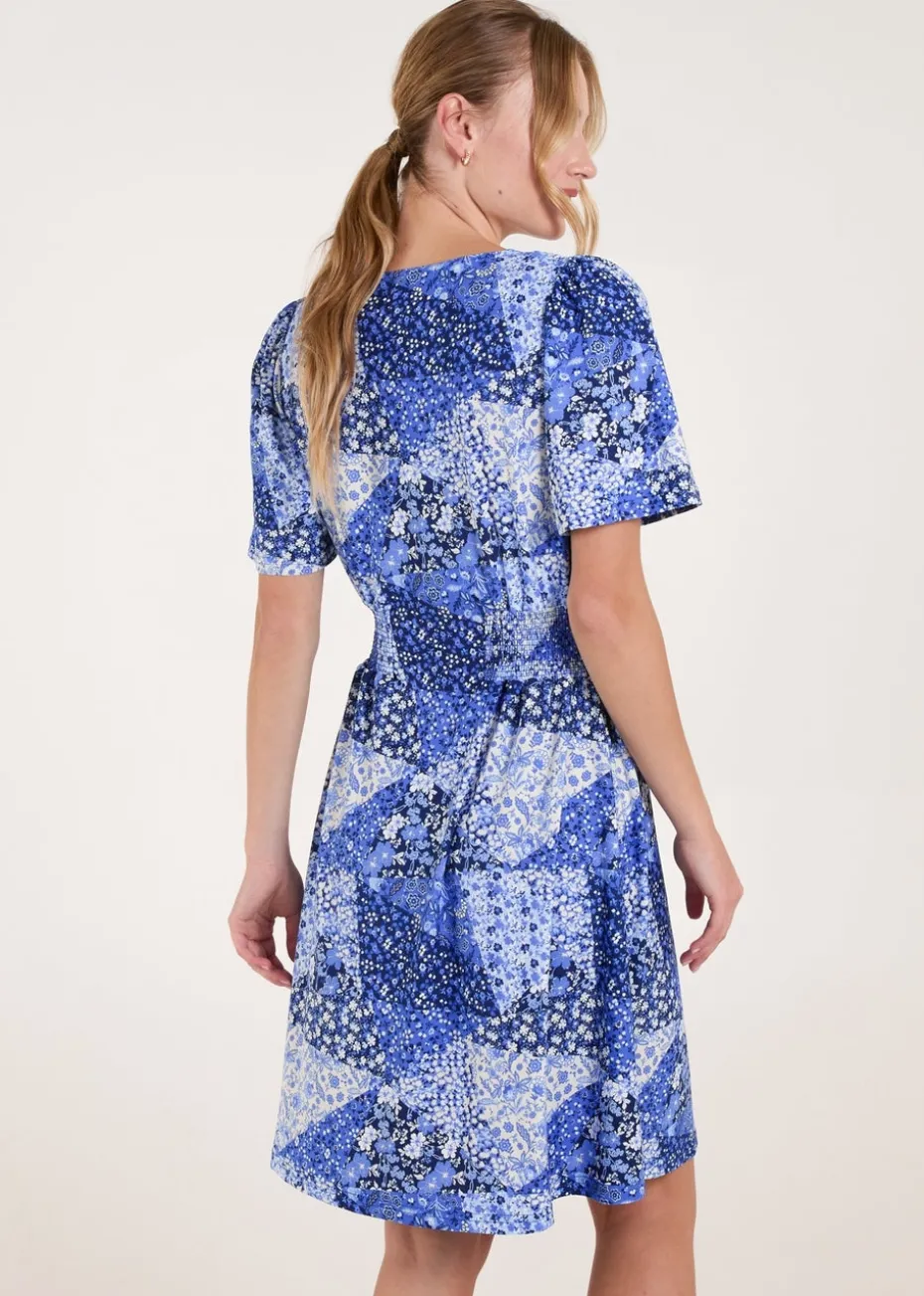 Blue Vanilla Blue Shirred Waist Button Front Patchwork Mini Dress