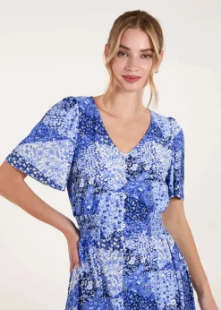 Blue Vanilla Blue Shirred Waist Button Front Patchwork Mini Dress