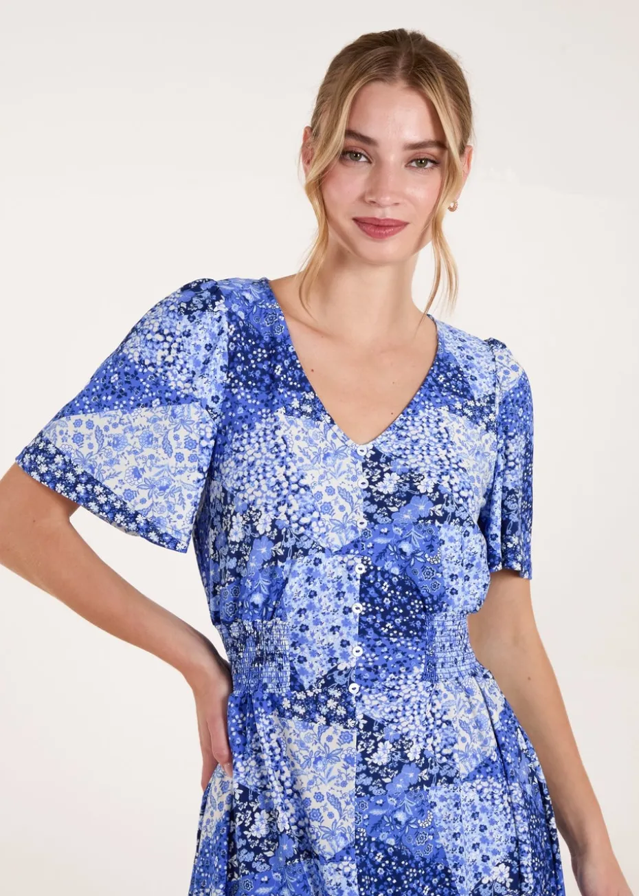 Blue Vanilla Blue Shirred Waist Button Front Patchwork Mini Dress