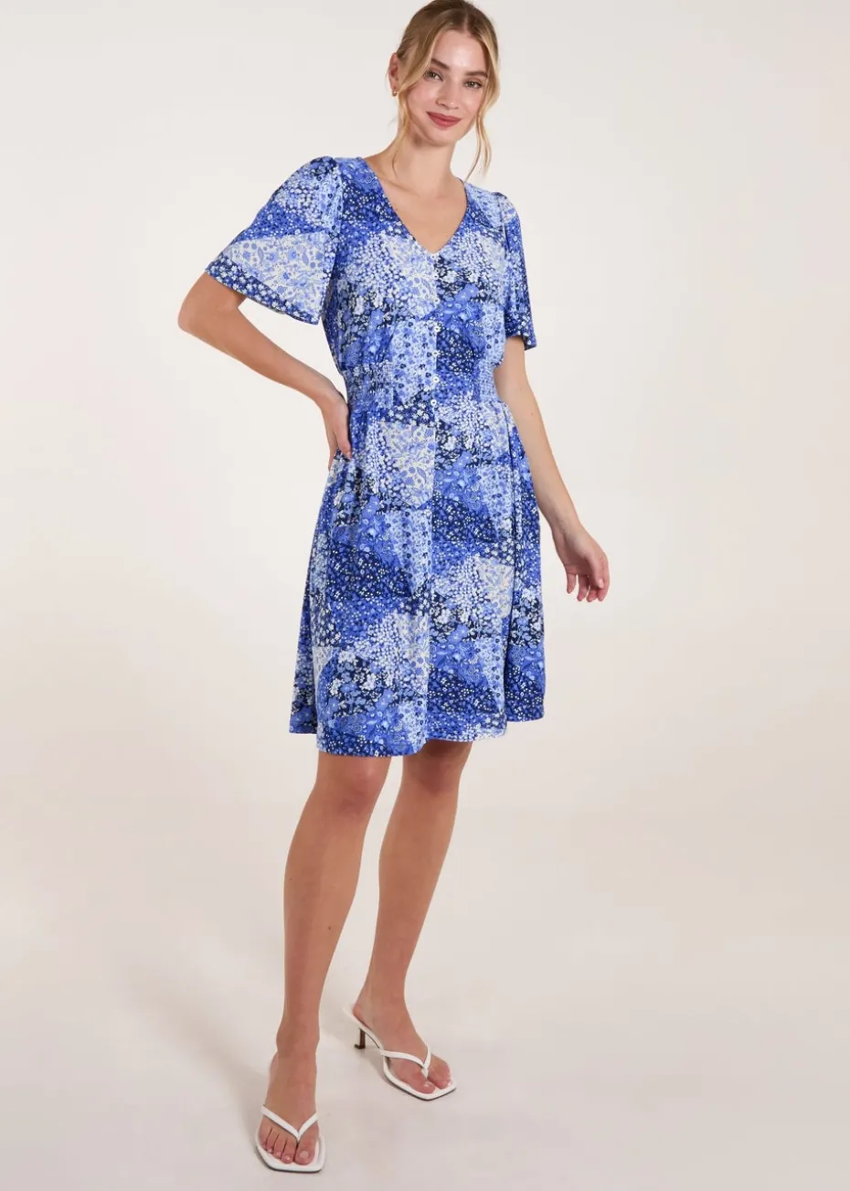 Blue Vanilla Blue Shirred Waist Button Front Patchwork Mini Dress