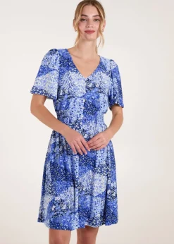 Blue Vanilla Blue Shirred Waist Button Front Patchwork Mini Dress