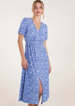 Blue Vanilla Blue Short Sleeve Button Front Split Front Midi Dress
