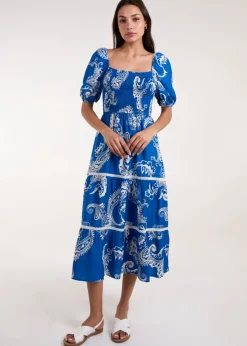Blue Vanilla Blue Square Neck Puff Sleeve Shirred Waist Midi Dress