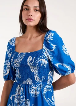 Blue Vanilla Blue Square Neck Puff Sleeve Shirred Waist Midi Dress