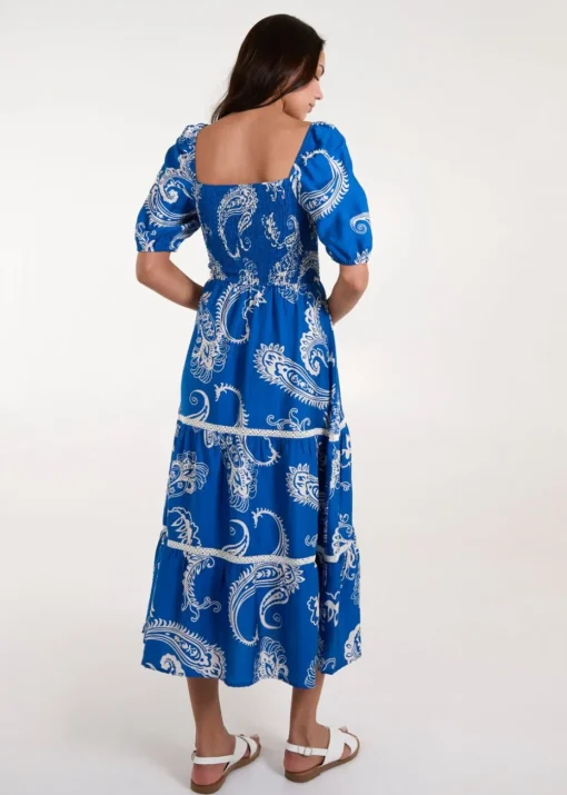 Blue Vanilla Blue Square Neck Puff Sleeve Shirred Waist Midi Dress