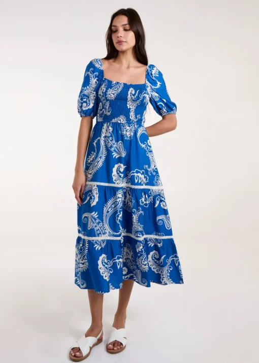 Blue Vanilla Blue Square Neck Puff Sleeve Shirred Waist Midi Dress
