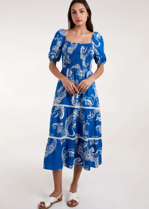Blue Vanilla Blue Square Neck Puff Sleeve Shirred Waist Midi Dress