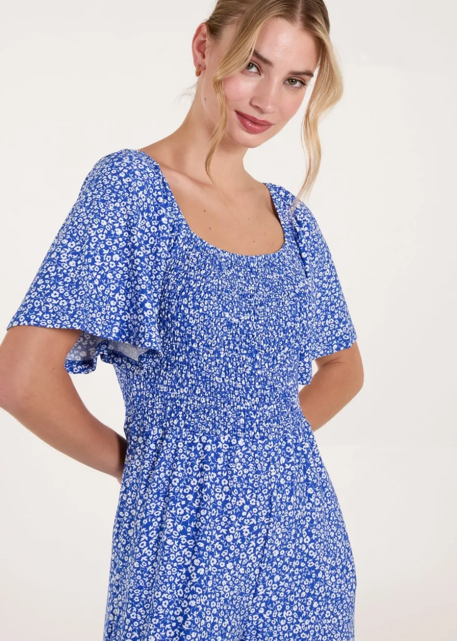 Blue Vanilla Blue Square Neck Shirred Waist Angel Sleeve Wide Leg Jumpsuit