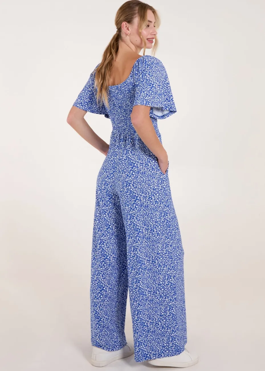 Blue Vanilla Blue Square Neck Shirred Waist Angel Sleeve Wide Leg Jumpsuit