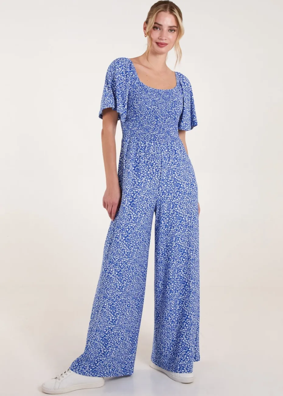 Blue Vanilla Blue Square Neck Shirred Waist Angel Sleeve Wide Leg Jumpsuit