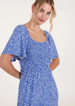 Blue Vanilla Blue Square Neck Shirred Waist Angel Sleeve Wide Leg Jumpsuit