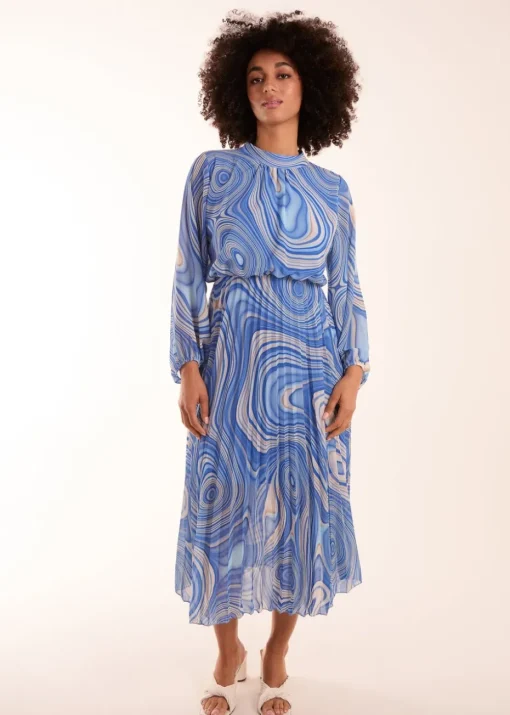 Blue Vanilla Blue Swirl Print High Neck Pleated Dress