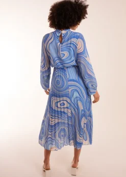 Blue Vanilla Blue Swirl Print High Neck Pleated Dress