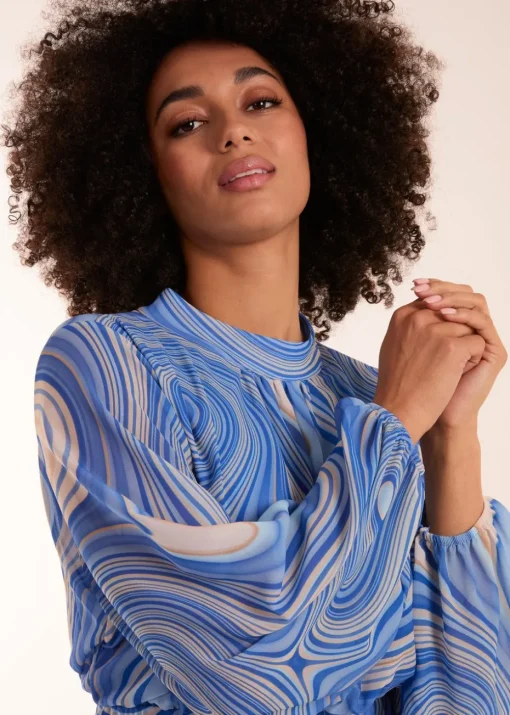Blue Vanilla Blue Swirl Print High Neck Pleated Dress