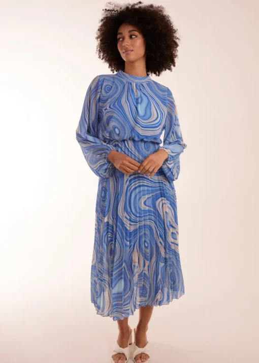 Blue Vanilla Blue Swirl Print High Neck Pleated Dress