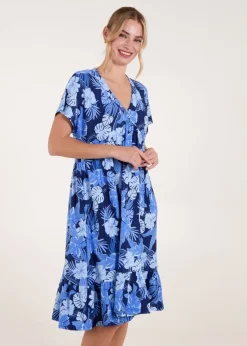 Blue Vanilla Blue Tropical V Neck Smock Style Tunic Dress